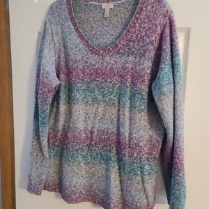 LOGO Lori Goldstein 1X V-Neck Ombre Stripe Sweater Deep Lagoon Green Gray
